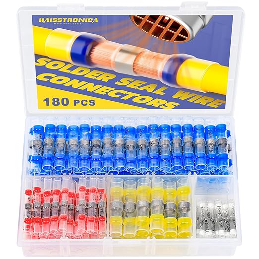haisstronica 180PCS Solder Seal Wire Connectors-Waterproof Solder Wire Connectors kit-Heat Shrink Butt Connectors for Marine,Watercraft,Electrical,Electronics,Aircraft,Boat,Truck,Stereo,Joint