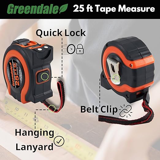 Greendale - 3 Pack - Tape Measures 25 ft - Easy to Read Fractions to 1/8th inch - Magnetic Tip - Thumb and Quick Lock - Autowind - Belt Clip - Measuring Tapes Retractable - Red/Orange