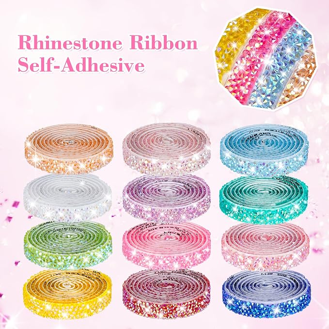 NiArt Self Adhesive Rhinestone Ribbon Rolls Set of 12 Candy Colors, Total 12 - Image 4