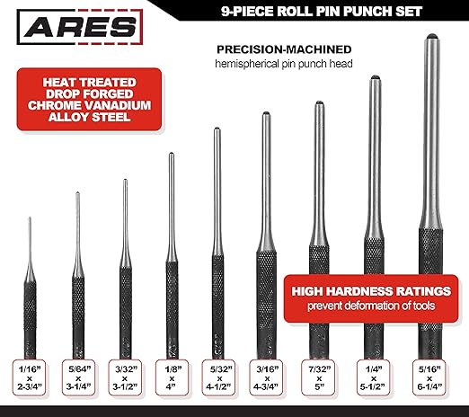 ARES 10021 – 9-Piece Roll Pin Punch Set – Durable Heat Treated and Drop Forged Steel Pin Punches with Pouch -Ideal for Automotive Repair, Gunsmithing, Craft Work, and Jewelry Repair