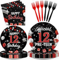 96Pcs Red and Black Party Decorations Happy 12th Birthday Plates and Napkins 12 by Greencian