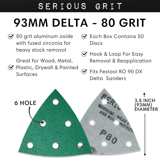 3.5" (93mm) 6-Hole 80 Grit Triangle Sanding Sheets - Fits Festool Rotex RO 90 Delta - Heavy-Duty Hook & Loop Film Disc Abrasives - Sandpaper for Detail Sanders - 50 Pack Box