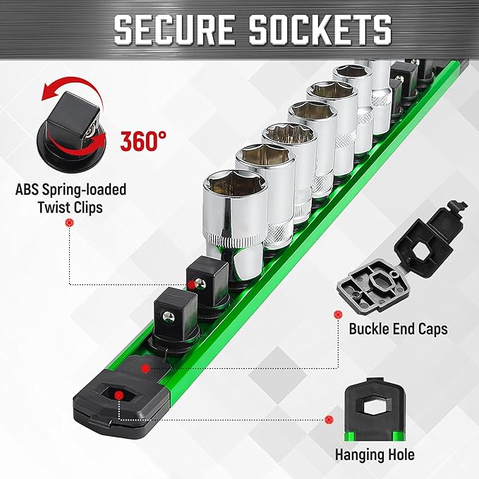 ALOANES 6-Piece Magnetic Socket Organizer, Heavy Duty Aluminum Socket Rails Organizer, 360° Swivel Clips Socket Holder Kit for Tool Box, 1/2, 3/8, 1/4-Inch Socket Holder x 80 Clips (Green&Black)