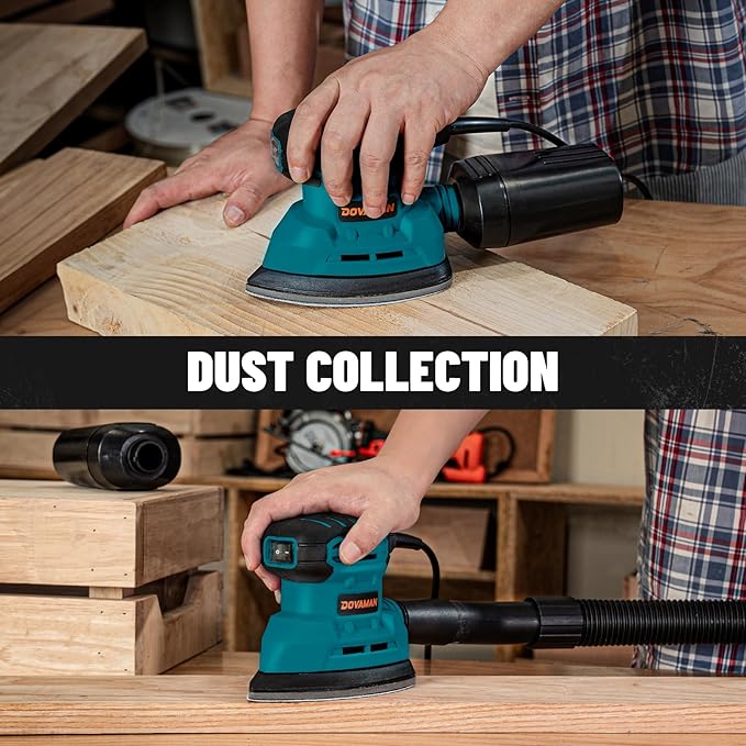 DLS03A Detail Sander, 1.1 Amp Hand Sander with Dust Collector, 12000 RPM Compact Palm Sander with 12 Pcs Sanderpapers, Low Vibration, Lightweight Hand Sander for Wood and Steel Surface