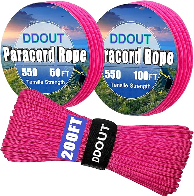 Paracord Nylon Rope Pink 200ft with 7-Strand Core, 10 Colors and 50/100/200 ft, Type III Parachute Cord 4mm for Camping, Survival, Hiking, DIY, Crafting, Outdoor Utility Rope