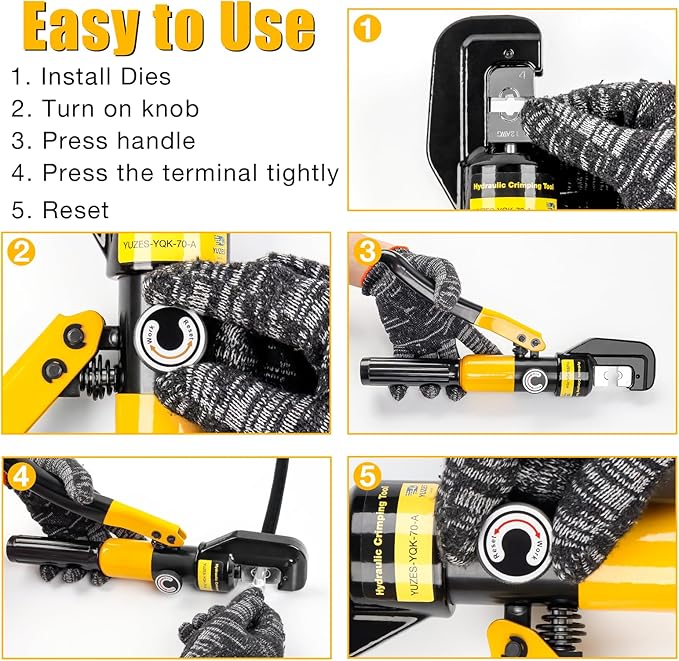 YUZES Hydraulic Crimping Tool 10 Tons, 12 AWG to 2/0 Battery Cable Crimper Tool with 9 Dies, Easy to Operate Hydraulic Wire Crimping Tool Kit for Wire Rope, Battery Cable Ends Ring Terminals