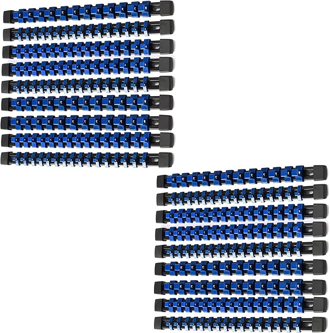 ALOANES 18 PC ABS Socket Organizer, 1/2 inch, 3/8 inch and 1/4 inch Drive Socket Rail Holders, Heavy Duty Socket Racks, Black Rails with Blue Clips