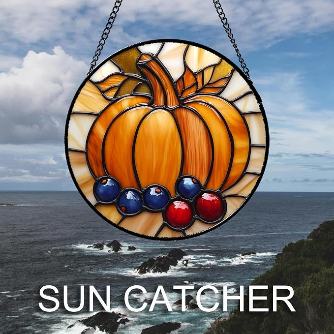 DASTOLL Stained Glass Window Hanging Fall Pumpkin Berries 7.8" - Image 2