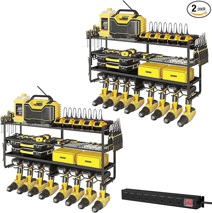 2 Pack Power Tool Organizer Wall Mount with Charging Station, 8 Outlet Power Strip & 4 Layers Storage Rack with 8 Drill Holders for Cordless Tools, Heavy Duty Utility Racks for Garage Workshop