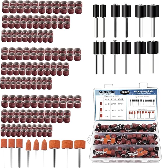 Sanding Drum Set for Dremel Rotary Tools-Includes 138 Aluminum Oxide Drum Sander Sanding Sleeves (80,120,240 Grit),12 Drum Mandrels and 9 Sanding Bits,Sanding Bits Tool Accessories with Box