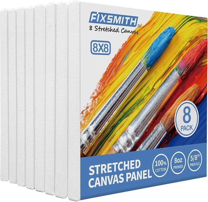 FIXSMITH Stretched White Blank Canvas- 8x8 Inch, 8 Pack, 100% Cotton, 5/8 Inch - Image 2