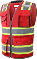 JKSafety 11 Pockets Hi-Vis Black Mesh Safety Vest for Men Women High Visibility Reflective Construction with Zipper Work Utility PPE Work Gear ANSI/ISEA compliant (102-Red M)