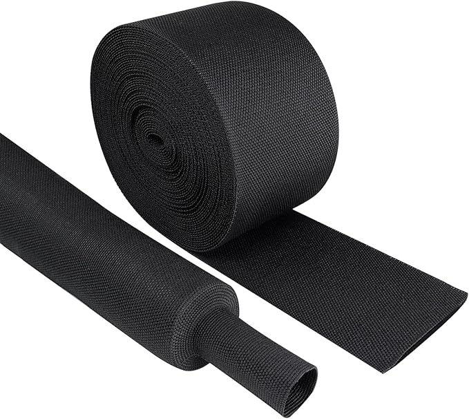 Black 2:1 Ratio Automotive Heat Shrink Braided Sleeving,Wear-Resistant Flat Woven Shrinkable Sleeve Fabric Car Cable Wires Hoses Protection (2''-50ft)