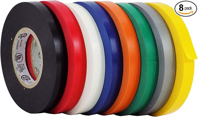 WOD ETC766 Professional Grade General Purpose Rainbow Electrical Tape UL/CSA Listed core. Vinyl Rubber Adhesive Electrical Tape: 1/2 inch X 66 ft - Use at No More Than 600V & 176F (Pack of 8)