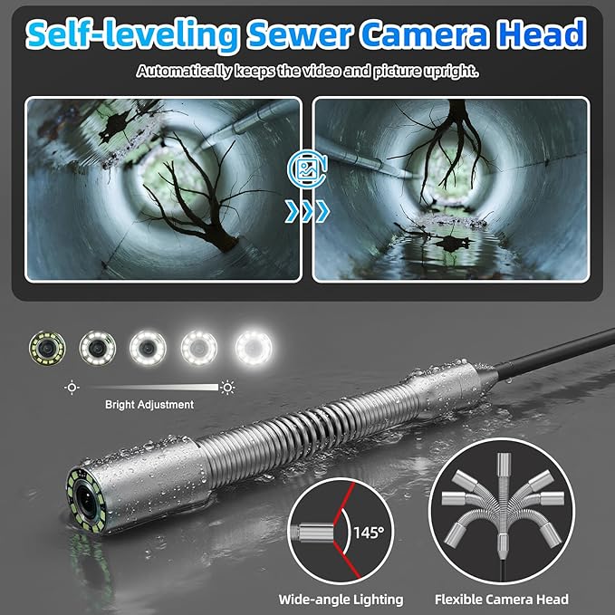Sanyipace Sewer Camera Self-Leveling 100FT/30M, Drain Camera with 512Hz Transmitter, Meter Counter, Pipe Inspection Cámara with Microphone Speaker DVR Recorder, 32GB TF Card, Guide Wheel (7mm Cable)