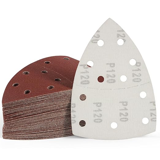 S SATC 50 PCS Mouse Sander Sandpaper 11 Holes 120 Grit Detail Sander Sandpaper Palm Sander Paper Hook and Loop Sander Pads Triangular Sanding Sheets