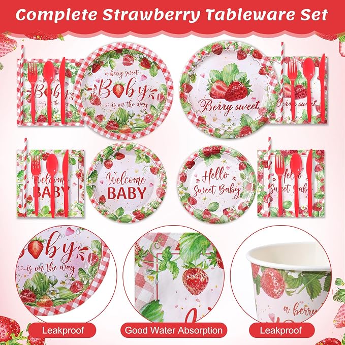450 Pcs Strawberry Baby Shower Tableware Set Decorations A Berry Sweet Baby - Image 3