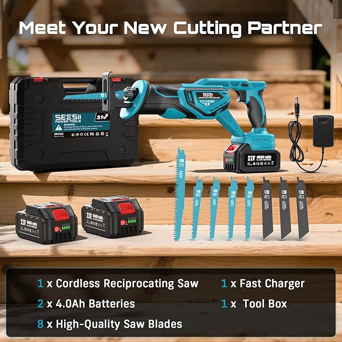 Seesii Reciprocating Saw Cordless, 3300 RPM Brushless Motor with 2 x 4.0Ah Batteries, 8 Saw Blades Portable for Wood PVC Cutting