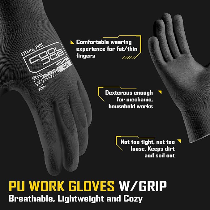 COOLJOB 12/60 Pairs Safety Work Gloves Pack Bulk with Grip PU Coating, 13 Gauge Seamless Knit Gloves with Polyurethane Dipped for Warehouse Working, Breathable Lightweight for Men Women, Black Xlarge