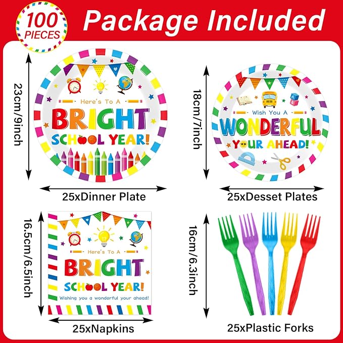 100PCS Back To School Decorations School Season Supplies Paper Plates Napkins - Image 2