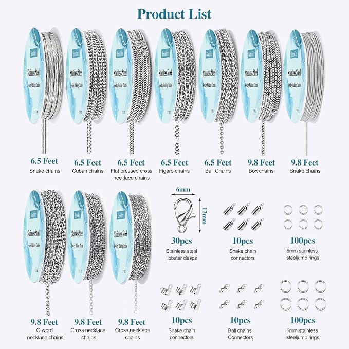 Ecoofor Necklace Chains for Jewelry Making, 82 Feet 10 Rolls Stainless Steel - Image 3