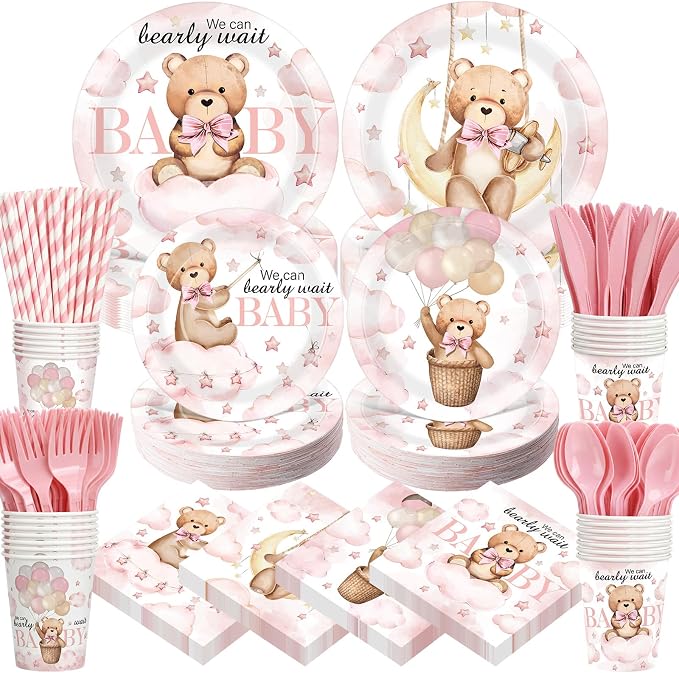 450 Pcs Pink Bear Baby Shower Tableware Set Decorations We Can Bearly Wait by Unknown