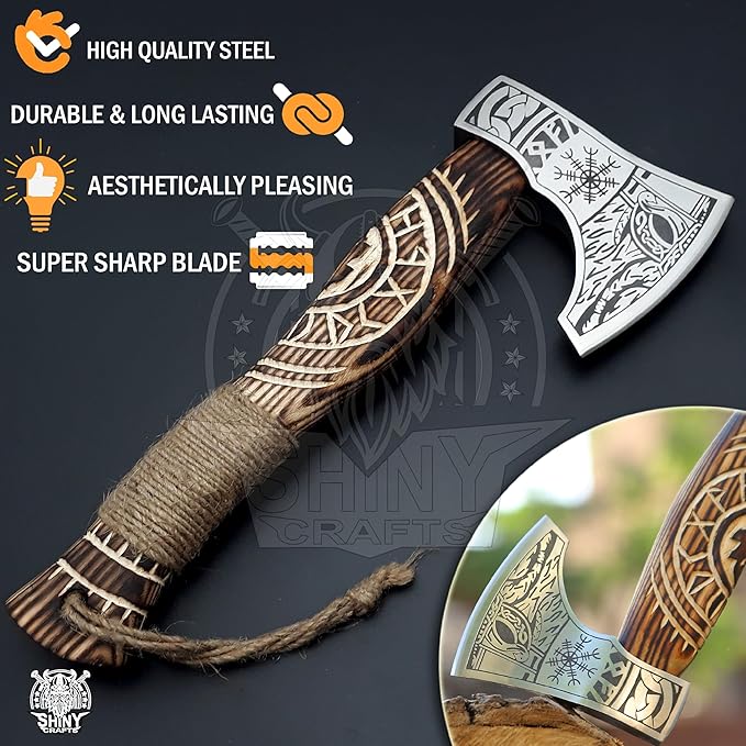 SHINY CRAFTS | Custom Handmade Carbon Steel Viking Axe,Valentine's Day Gift, Birthday Gift for him, Leather Wrapped Handle and Leather Sheath (VBA-19) (VBA-14)