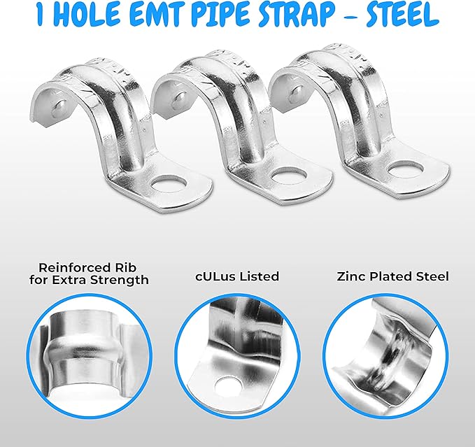 OHLECTRIC Heavy Duty Pipe Strap (20 Pack - 1-1/2 Inch) Zinc-Plated Steel EMT Conduit Clamps - 1 Hole Reinforced Rib Design - Snap-On Installation - Metal Pipe Strap for EMT Conduits
