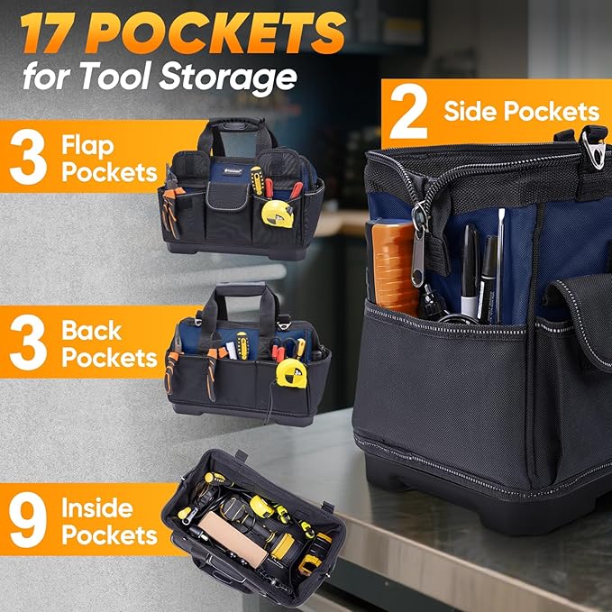 TICONN Heavy Duty Tool Bag with Multi-Pockets, Portable Tool Box Organizer Storage Bag, with Adjustable Shoulder Strap and Ergonomic Handle (Blue, 14" Molded Base)