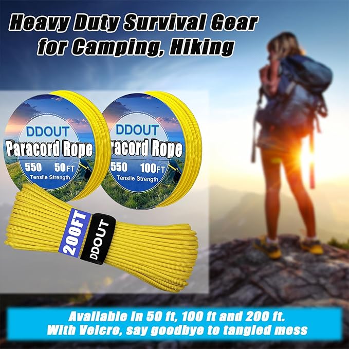Paracord Nylon Rope Yellow 200ft with 7-Strand Core, 10 Colors and 50/100/200 ft, Type III Parachute Cord 4mm for Camping, Survival, Hiking, DIY, Crafting, Outdoor Utility Rope