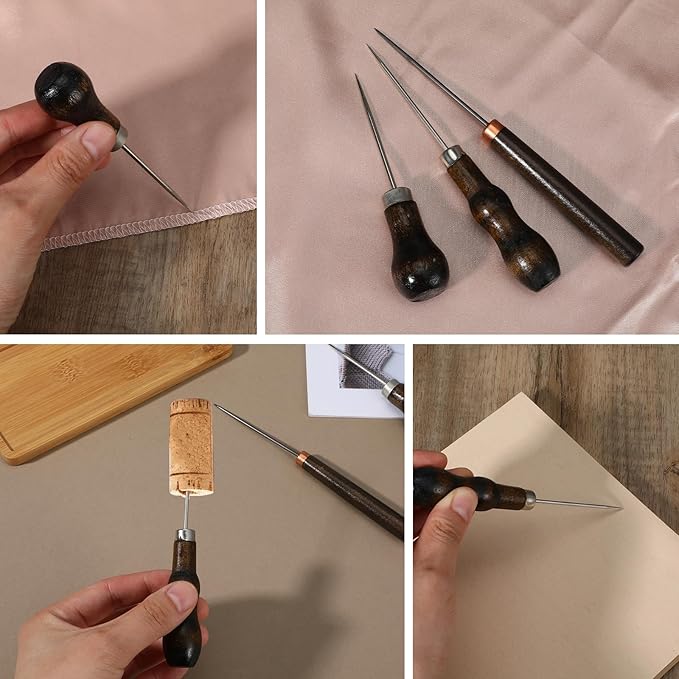 Ptwola 3 Pcs Scratch Awl Tool Gourd Shape Handle Leather Awl Punch Tool Wooden Punch Hole Craft Maker Tool Repair Shoes Sewing Stitching Supplies for Tailors Crochet DIY Cloth Stitch Bookbinding