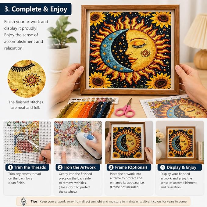 WYBQFDJ Sunflower Sun & Moon Beginner Cross Stitch Kit, 11.8 x 15 in | - Image 5