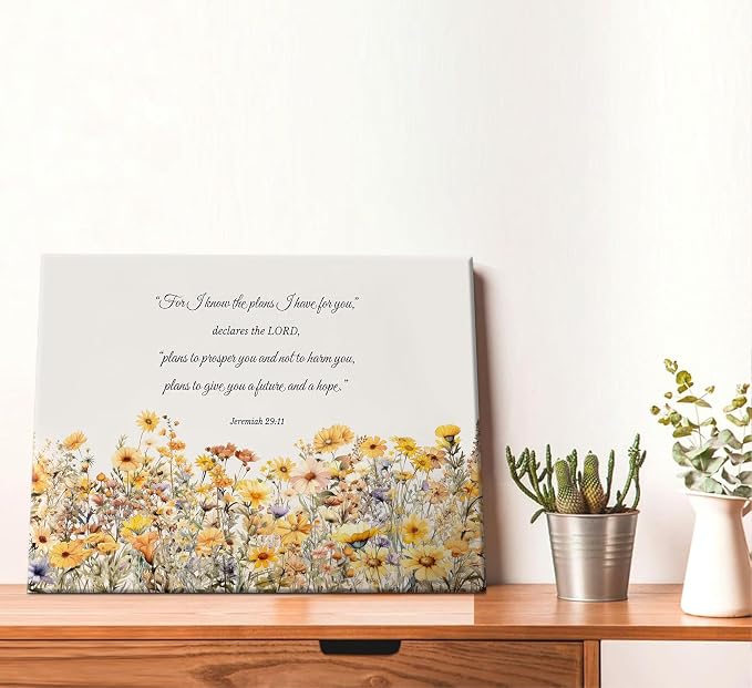 YOXORDQ Christian Floral Canvas Wall Art Jeremiah 29:11 Picture Print Yellow - Image 3