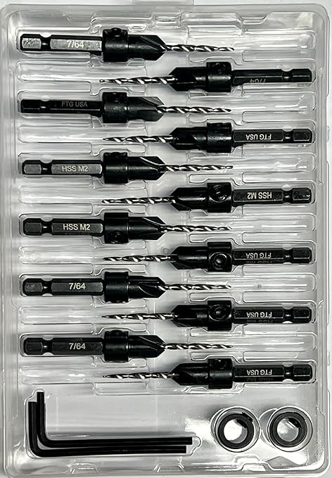 FTG USA 12 Pc #4 (7/64") Countersink Drill Bit Set with Depth Stop Collar, Hex Wrench - Tapered Drill Bits for Wood