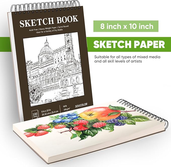 Soucolor 8x10 Sketch Book, 100 Sheets, 68lb Acid-Free Spiral Bound Pad | 68lb - Image 6