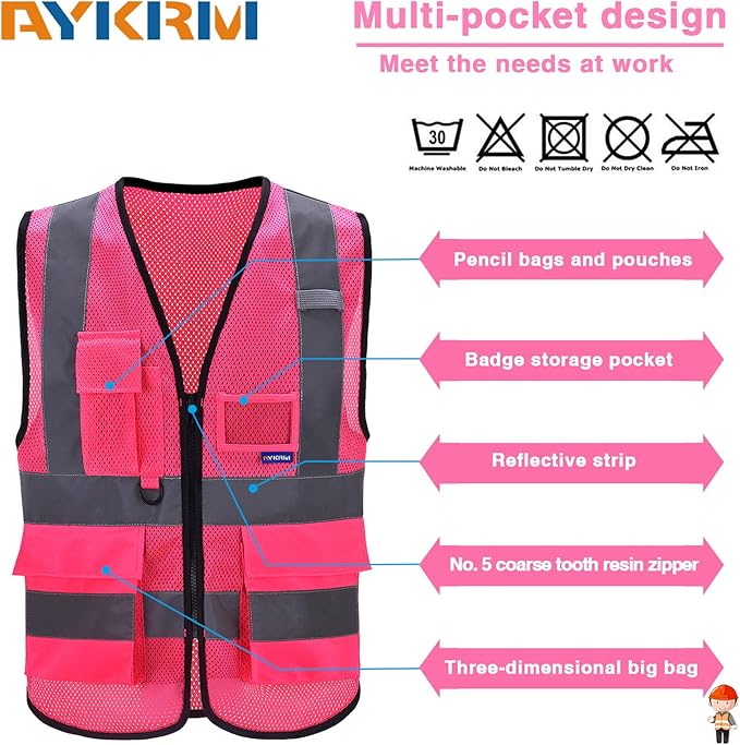 A-SAFETY High Visibility Mesh Safety Reflective Vest with Pockets and Zipper,Hi Viz Work Vest for Men Women (Pink Mesh XL)