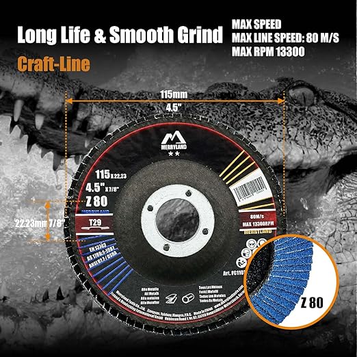 Merryland Flap Disc 4 1/2 inch Metal for Angle Grinder, 4.5inch 80 Grit T29 Flap Wheel 10 Pack, Blue Zirconium Corundum INOX Stainless Steel Iron Universal, Craft-Line FC1107414-10