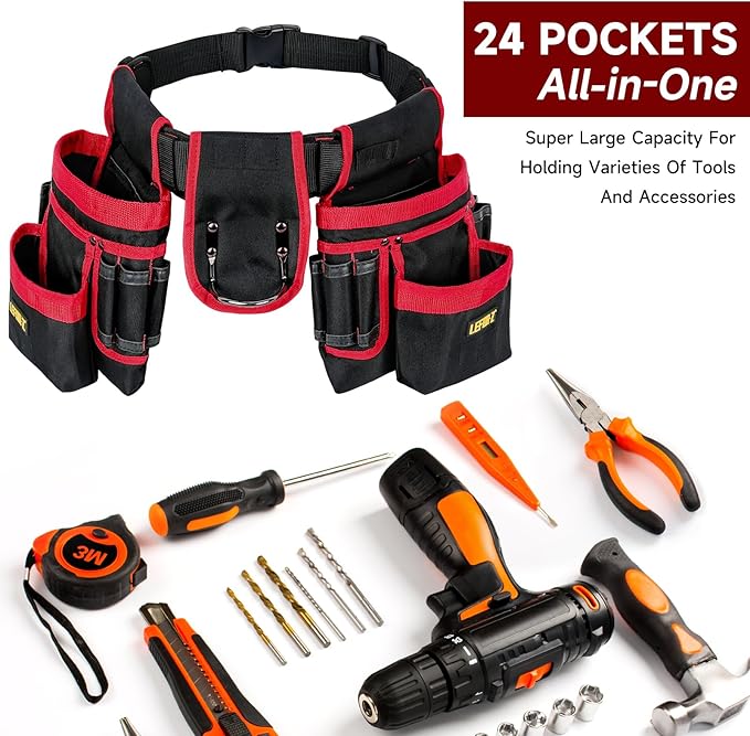 Tool Belt,Magnetic Tool Pouch,27-Pockets Heavy Duty Padded Tool Belts for Men,Detachable & Adjustable Tool Pouch Bag for Electrician,Carpenter,Construction,Work Apron,Utility Belt,Black,Red