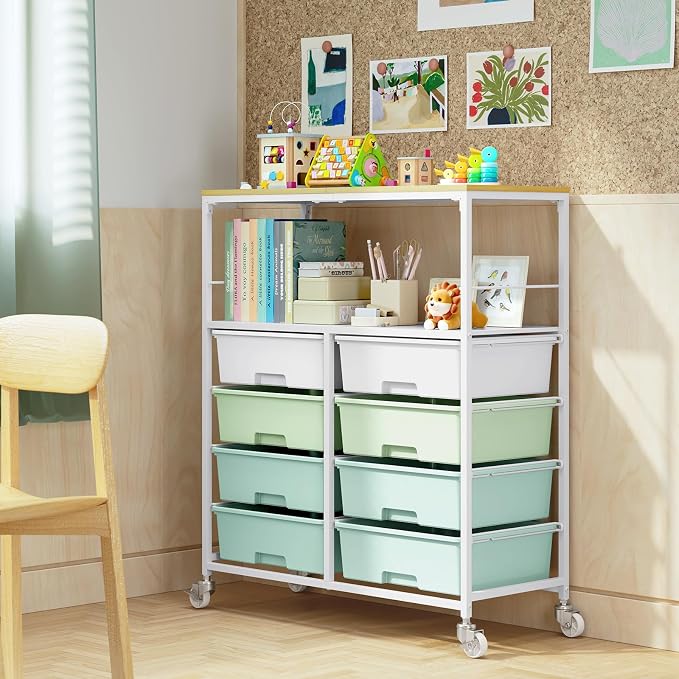 Rolling Cart with 8 drawers, Storage Drawer Cart with Wooden Tabletop, Lockable - Image 7