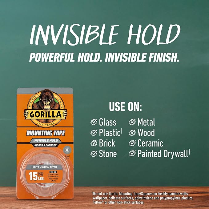 Gorilla Invisible Hold Mounting Tape, Holds up to 15 lbs, Permanent Bond - Image 3