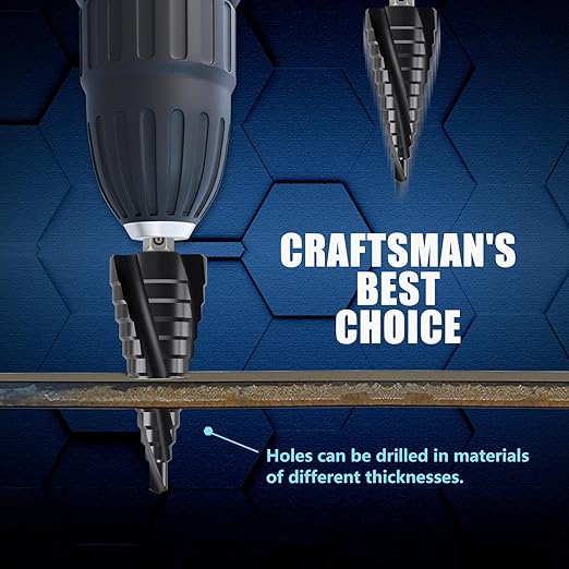 GSTK Pro Max 3/16"-7/8" Four Spiral Flute Cobalt Step Drill Bit Set, Impact Ready, for Metal, Stainless Steel, Aluminum, Wood, Plastic with 1/4" Hex Shank