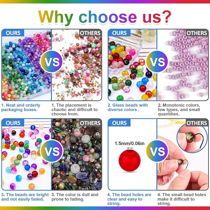 XSEINO About 1200PCS 6mm Glass Beads Bracelet Making Set, 144 Color Colorful - Image 5