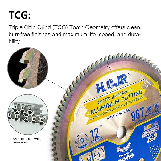 Aluminum Cutting Circular Saw Blade, Medium Aluminum,The Cutting Head uses a Special Anti-Heat Sticking Coating with high Finish and Long Life,NFM 12 inch 96-Tooth 1" -TA