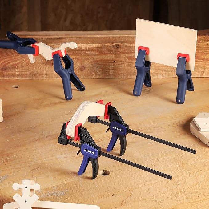 WORKPRO 10-Pack Bar Clamps for Woodworking, 6-Inch (2) Mini & (2) Light Duty and 12-Inch (2) Wood Clamps & 1-Inch (4) Spring Clamps, F Clamp with 50/150 LBS Load Limited