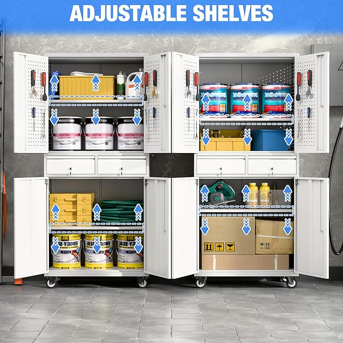 Garage Storage Cabinet with Wheels, Metal Storage Cabinet with 2 Drawers and 2 Adjustable Shelves, Metal Lockers with Pegboards for Homes, Offices, Kitchens, and Pantries, Gray and White