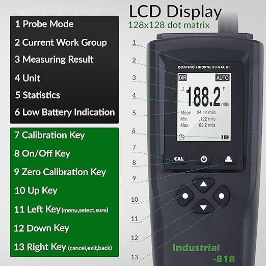 Digital Professional Coating Thickness Gauge Industrial-818 Paint Meter for Fe/NFe with Measuring Range: 0-197 mils | Resolution 0,001 mils | PC Connection