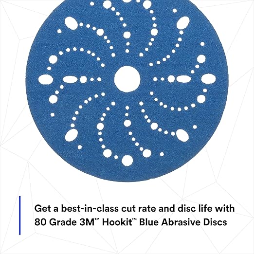 3M Hookit Blue Abrasive Discs 36172, Multi-Hole, 6 in, 80+ Grade, Pack of 50, Virtually Dust-Free, for Auto Sanding, Body Repair, Featheredging, Primer Sanding, Paint Preparation, E-Coat Sanding