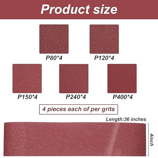 Blulu 44 Pieces Sanding Belts and Sanding Discs Set Includes 4 x 36 Inch Belts (80/120/150/240/400 Grits) and 6 Inch Self Adhesive No Hole Alumina Disc for Bench Combination Sander Woodworking