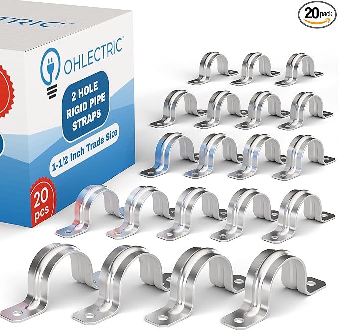 OHLECTRIC Heavy Duty Pipe Strap (20 Pack - 1½ Inch) Zinc Plated Conduit Clamps, 2 Hole Steel Rigid Pipe Strap U Bracket, Zinc Coated Tension Tube Clip, Metal Pipe Clamp for Rigid Conduits