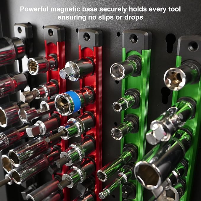 Magnetic Socket Holder Organizer Set:3/8-Inch Drive Socket Trays Socket, 360° Swivel 14 Clips Socket Holder Kit, For Automotive Mechanic Garage (Green)